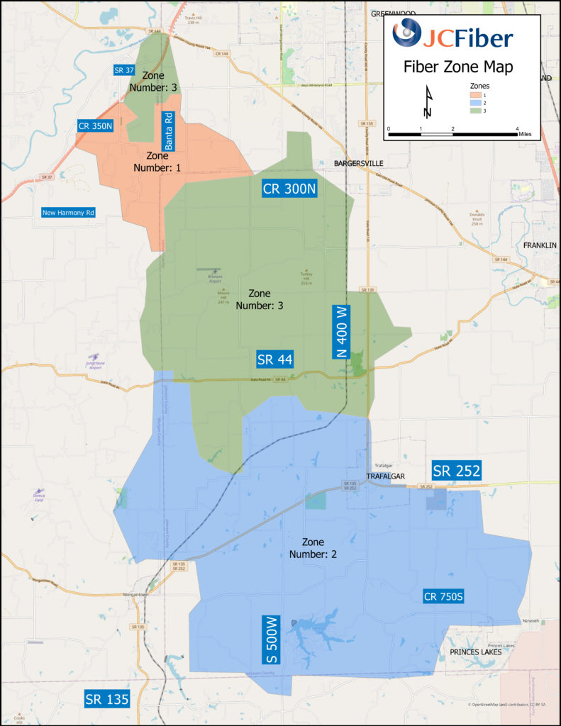 JCFiber expansion map showing future service zones in Johnson County, Indiana.