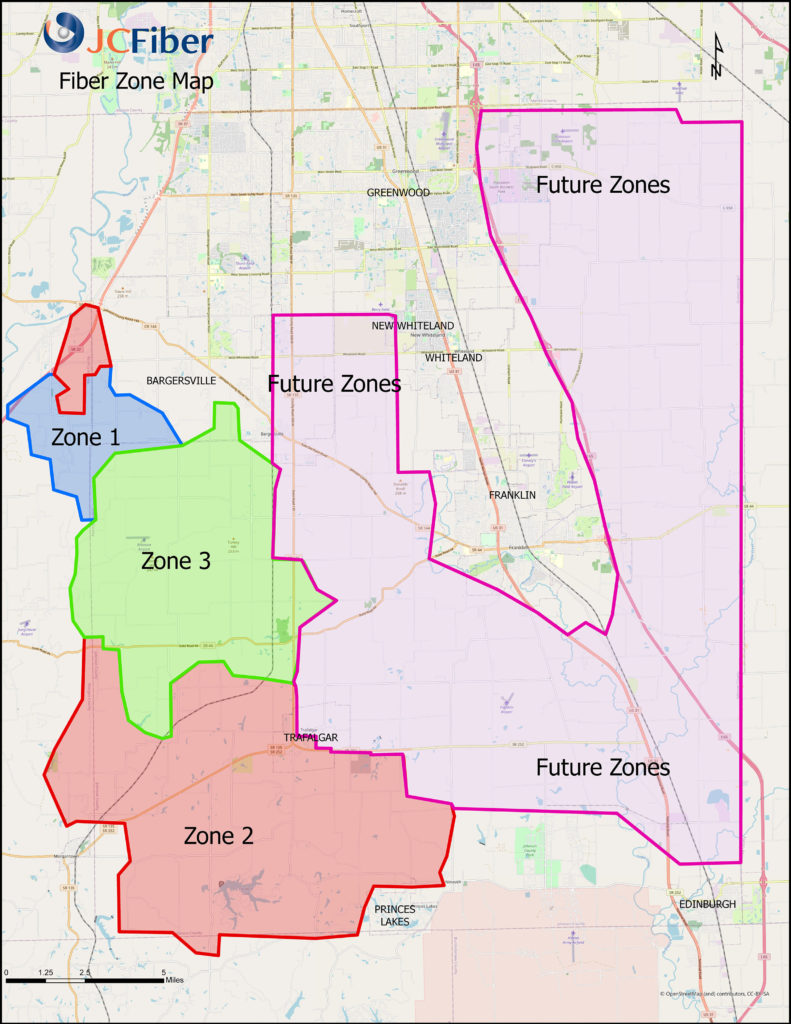 JCFiber expansion map showing future service zones in Johnson County, Indiana.