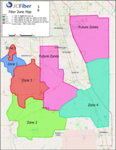 JCFiber expansion map showing service zones in Johnson County, Indiana.